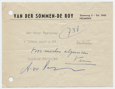 1303-21227 nota, van der Sommen - de Roy, drogisterij, drogerijen, parfum, verplegingsartikelen, Telefoonnr.: 2453, ...