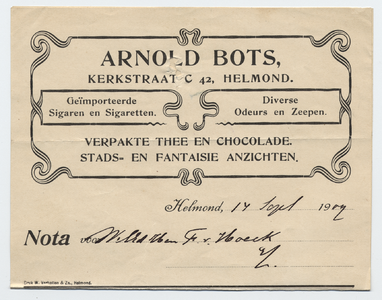 1304-21227 nota, Arnold Bots, sigarenwinkel, sigaretten, parfum, thee, chocolade, 14-09-1909