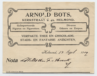 1304-21227 nota, Arnold Bots, sigarenwinkel, sigaretten, parfum, thee, chocolade, 14-09-1909