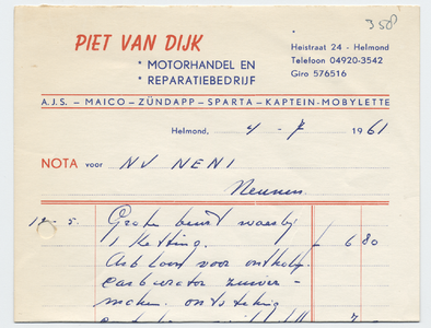 1307-21227 nota, Piet van Dijk, motorhandel en reparatiebedrijf, motoren, brommers, Telefoonnr.: 3542, 04-07-1961