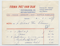 1308-21227 nota, Piet van Dijk, motorhandel en reparatiebedrijf, motoren, brommers, Telefoonnr.: 3542, 04-04-1957
