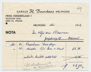 1313-21227 nota, H. Beurskens, garage, auto en bromfietsverhuurbedrijf, reparatie, Telefoonnr.: 3626, 00-05-1962