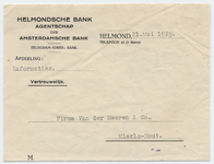 1316-21227 briefhoofd, Helmondsche Bank, bank, bank, Telefoonnr.: 43, 21-05-1929