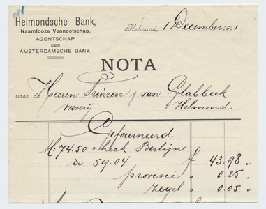 1336-21227 nota, Helmondsche Bank, bank, bank, 01-12-1911