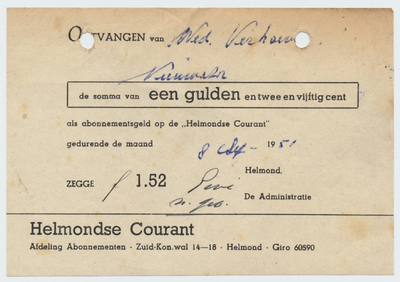 1337-21227 betalingsbewijs, Helmondse Courant, uitgeverij, krant voor Helmond, Oost - en Zuid - Oost Brabant, ...