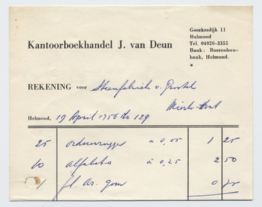 1338-21227 rekening, Kantoorboekhandel J. van Deun, kantoor-en boekhandelaar, kantoorartikelen, Telefoonnr.: 3355, 19-04-1956