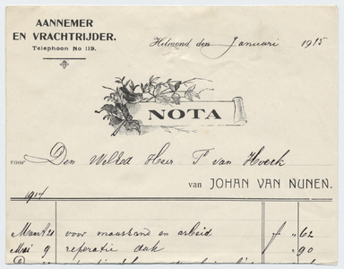 1339-21227 nota, Johan van Nunen, aannemer en vrachtrijder, aannemer en vrachtrijder, Telefoonnr.: 119, 00-01-1915