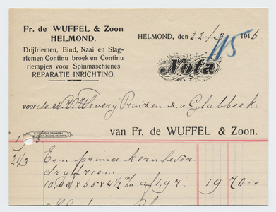 1343-21227 nota, Fr. de Wuffel & Zoon, drijfriemenhandel, drijfriemen, bindriemen, naairiemen, slagriemen, 22-03-1916