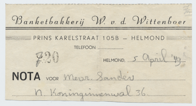1345-21227 nota, Banketbakkerij W. v.d. Wittenboer, bakkerij, banket, 05-04-1949