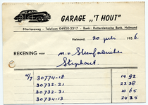 1354-21227 rekening, Garage 't Hout, garage, auto's, reparatie, verkoop, Telefoonnr.: 2317, 20-07-1956