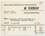 1372-21227 nota, W. Terbeek, naaimachinehandel, reparatie, verkoop, Telefoonnr.: 3177, 23-01-1961