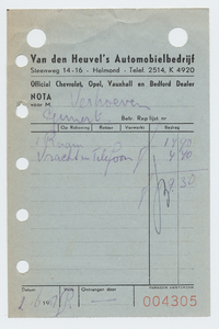 1373-21227 nota, van den Heuvel's Automobielbedrijf, garage, auto's, Telefoonnr.: 2514, 01-06-1957