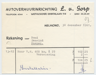 1384-21227 rekening, Autoverhuurinrichting L. van Gorp, verhuurbedrijf, auto's, Telefoonnr.: 4544, 30-12-1961