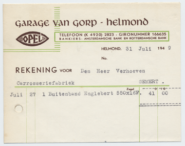 1385-21227 rekening, Garage van Gorp, garage, auto's, reparatie, etc., Telefoonnr.: 2823, 31-07-1949