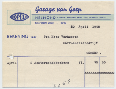 1386-21227 rekening, Garage van Gorp, garage, auto's, reparatie, etc., Telefoonnr.: 2823, 30-04-1948