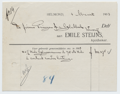 1396-21227 rekening, Emile Steijns, apotheek, apotheker, medicijnen, 04-03-1903