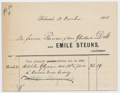 1398-21227 rekening, Emile Steijns, apotheek, apotheker, medicijnen, 21-10-1900