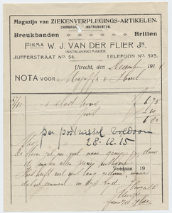1409-21227 nota, Firma W. J. van der Flier Jr., magazijn van ziekenverplegings-artikelen, instrumentenmaker, ...