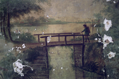  Restant van schildering met landschap met water, brug en reiziger Guldenstraat 2, Groningen 102189