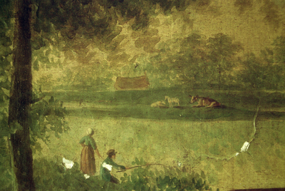  Restant van schildering van landschap met water, boerin, visser, koeien en boerderij Guldenstraat 2, Groningen 102189
