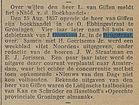  artikel 1857 over wijlen den Heer L. van Giffen, Nieuwsblad v.d. Boekhandel Brugstraat 15 101849