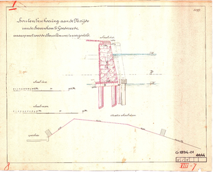 D19-40 Houtenbeschoeiing aan de Noordzijde van de havenkom te Goedereede, waarop met rood de Basaltmuur is voorgesteld , 1894