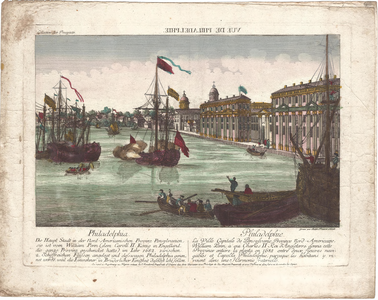 Optica 28 Philadelphia (in hoes met Optica 29) (haven met zeegaande schepen, sloepen en aken, met de stad R.B.), ca. 1770