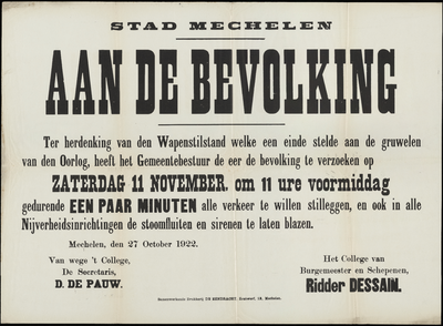 2791 Mededeling door de stad Mechelen aan de bevolking om, in herdenking van de wapenstilstand, op zaterdag 11 november ...