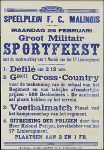 2956 Aankondiging door F.C. Malinois (KV Mechelen) van een groot militair sportfeest met medewerking van het 17de ...