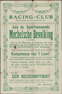 3160 Oproep door het bestuur van Racing-Club Mechelen aan de sportminnende Mechelse bevolking tot het huldebetoon aan ...