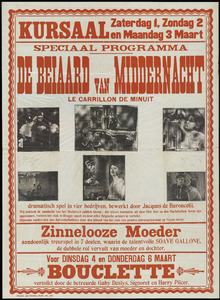 3664 Aankondiging door Kursaal van de vertoning 'De Beiaard van Middernacht', waarvan een aantal opnames gedaan zijn ...