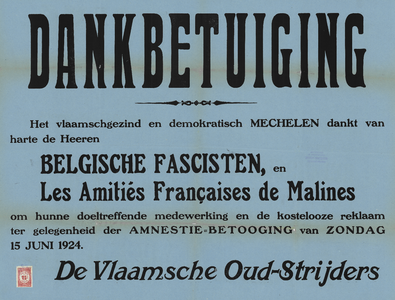 3946 Dankbetuigingsaffiche van de Vlaamse Oudstrijders gericht aan de Belgische fascisten en Les Amitiés Françaises de ...