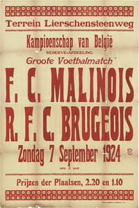 4084 Aankondiging van de voetbalwedstrijd tussen F.C. Malinois (KV Mechelen) en R.F.C. Brugeois (Club Brugge) op het ...