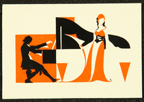 379 Zonder titelKlein drukwerkje (etiket?) in rood-zwart-wit van een piano met pianist en een vrouw