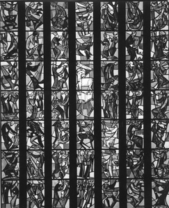 276072 Het gebrandschilderde raam in de kapel van het Gabriëlcollege te Mook