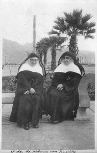 242091 Twee zusters van de missie St. Theresia te Mulo (Congo) onder de palmen van Tenerife