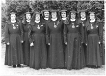 258141 Groepsfoto van de zustercommuniteit van Dalfsen in gemoderniseerd habijt