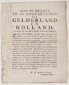  Oproep door Willem Frederik, erfprins van Oranje-Nassau, aan alle brave in- en opgezetenen van Gelderland en Holland ...