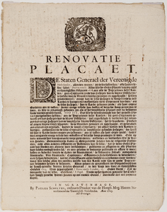  Renovatie van het plakkaat van de Staten-Generaal der Verenigde Nederlanden van 22 oktober 1705 op het plakkaat van 28 ...