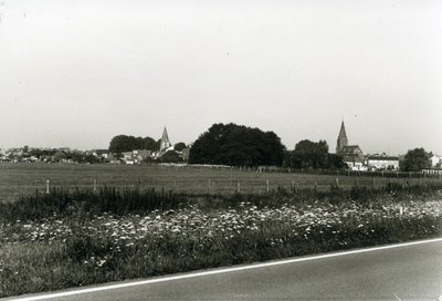  Gezicht op Werkhoven vanaf de Provincialeweg N229. Links de NH Sint Stevenskerk, rechts de RK Kerk