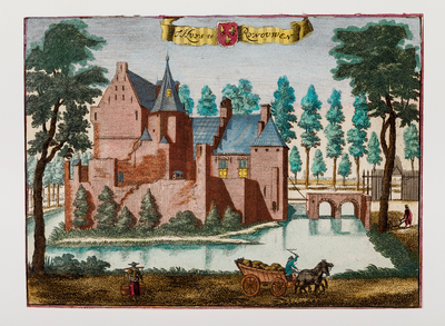  Gezicht vanuit het zuiden op kasteel Rhijnauwen, met gracht en brug, te Bunnik (donker ingekleurd)