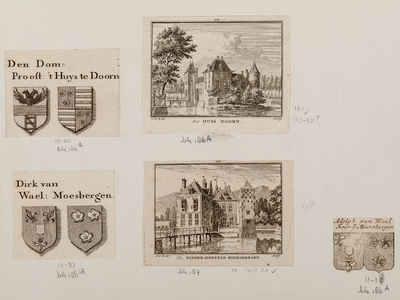  Compositieblad met 2 prentjes van J. de Beijer (Huis Doorn: no. 112, Huis Moersbergen: no. 238) en 3 wapenafbeeldingen ...