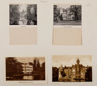  Compositieblad met 4 foto's van de huizen Schoonoord, Nieuw Sterkenburg, en Moersbergen te Doorn alsmede van huis ...