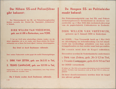 snv008000041 122, Bekendmaking van de Hogere SS-Politieleider betreffende ter dood veroordeling van drie Nederlanders, ...