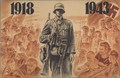 snv008000097 75, Affiche ” 1918-1943 ” waarbij de vergelijking wordt aangegeven tussen het uitjouwen van de Duitsers in ...