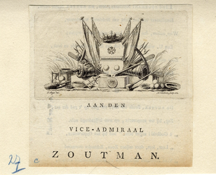 Nr.: GME 624- Een sculptuur met 4 vlaggen, daartussen 4 boten. Verder 2 kanonnen peddels, bezem, tonnen, gras, speren, ...