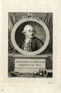 Nr.: GME 681- In medaillon Willem Braam. Daarboven een tak vier vlaggen. Onderaan de tekst Willem Braam, Kapitein ter ...