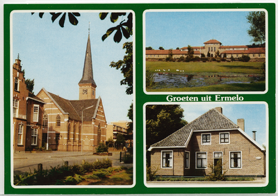 5167 - Ansichtkaart met drie afbeeldingen (collages): 1. De gereformeerde Immanuëlkerk, 2. De Hoge Riet, 3. Boerderij