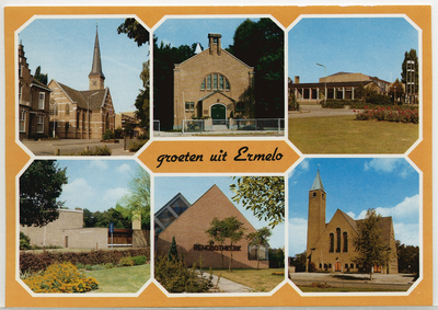 5169 - Ansichtkaart met zes afbeeldingen van kerken. Bovenste rij: Gereformeerde Immanuëlkerk, Zendingskerk, Kerkelijk ...