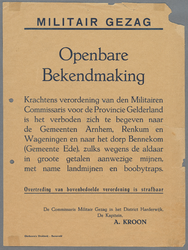 snv008000138 10, Militair Gezag - Openbare Bekendmaking - Verboden zich te begeven naar de gemeenten Arnhem, Renkum en ...